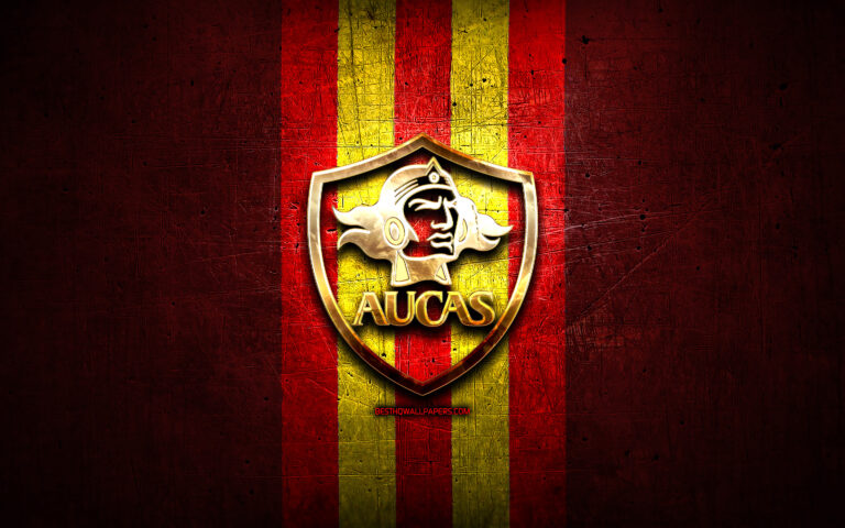 aucas-fc-golden-logo-ecuadorian-serie-a-red-metal-background-football